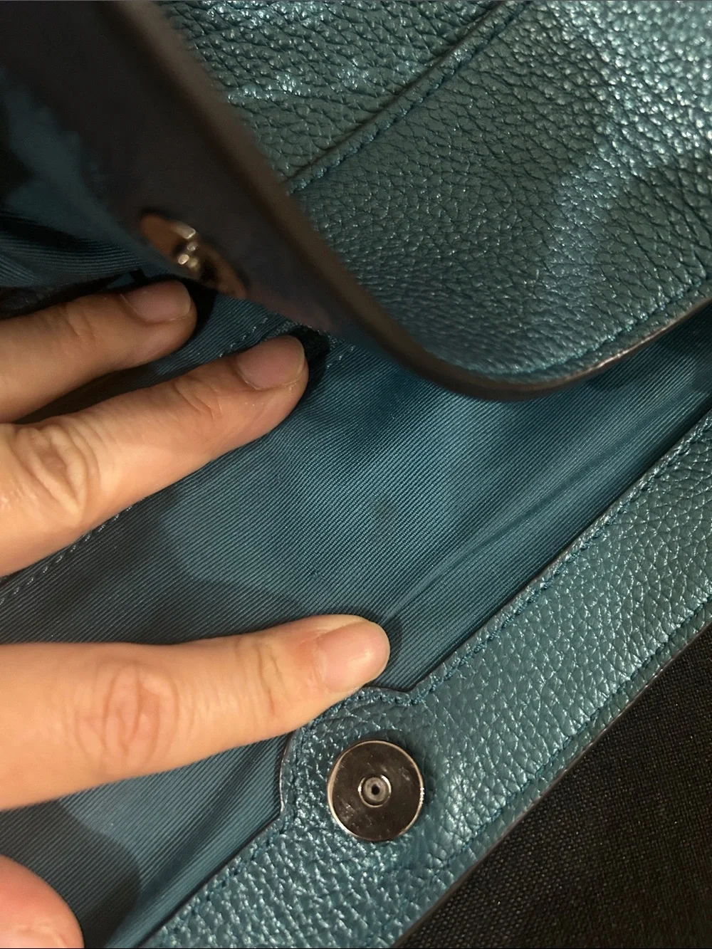 Coach Lexy Metallic Peacock Blue Teal Pebbled Leather Chain Shoulder Bag Purse